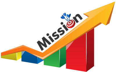 Rising bar chart with an upward arrow and a target labelled Mission, illustrating Web Ultra Solution's growth-focused mission